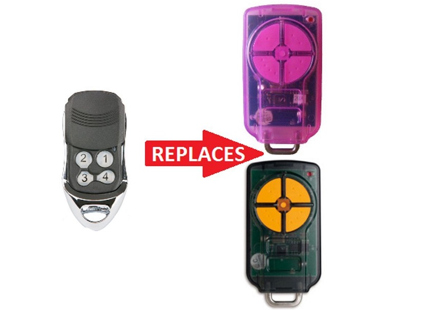 Universal four-button remote control replaces pink and yellow compatible garage door remotes, SAMT Garage & Gate Automation, Australia.