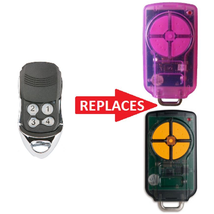 Universal four-button remote control replaces pink and yellow compatible garage door remotes, SAMT Garage & Gate Automation, Australia.