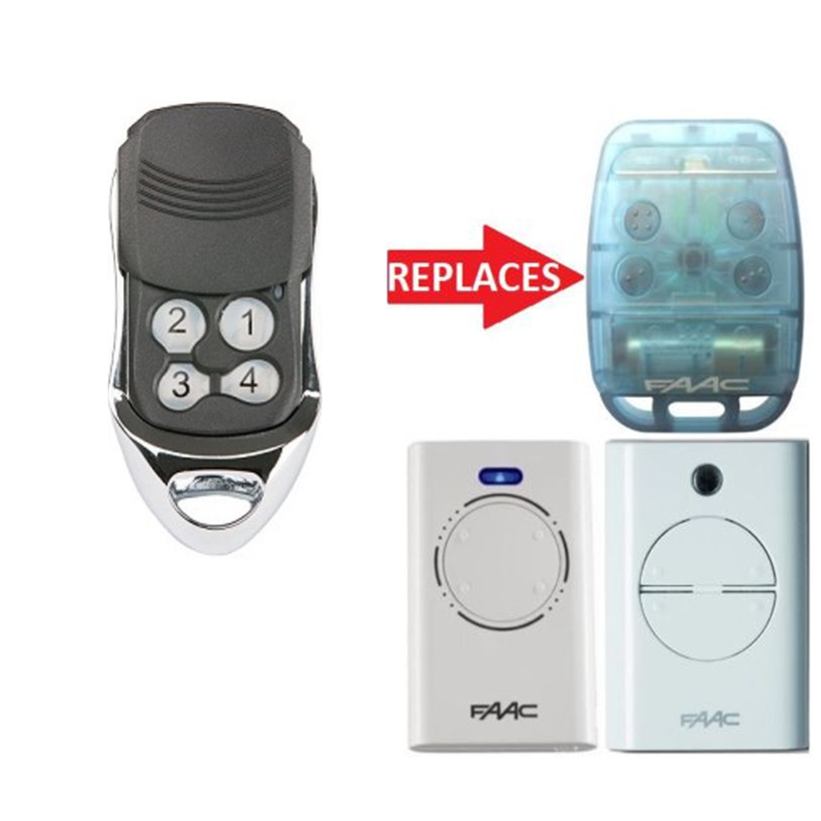 Four-button FAAC compatible garage door remote replaces FAAC models, SAMT Garage & Gate Automation, Australia.