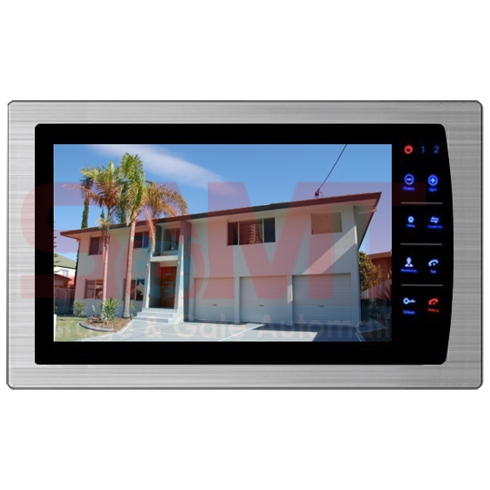 Touch screen video intercom displaying driveway and garage by SAMT Garage & Gate Automation, trusted in Prestons, Australia.