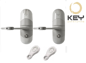 Pair of KEY Automation motorized swing gate openers with two remotes, ideal for automatic gates in Prestons, New South Wales.