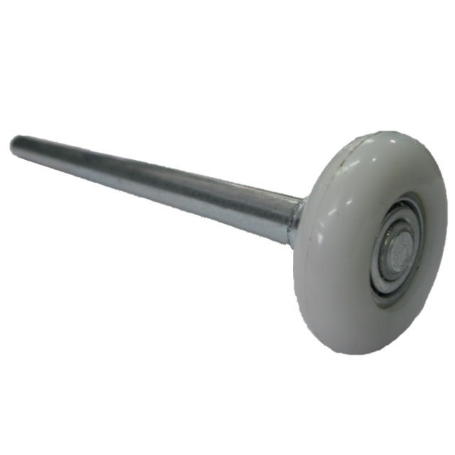 White garage door roller wheel and shaft by SAMT, compatible with garage roller doors and openers in Australia.