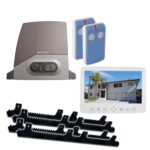 Life brand automatic sliding gate opener kit with two blue remote controls, video intercom, and gear racks in Prestons, New South Wales, Australia
