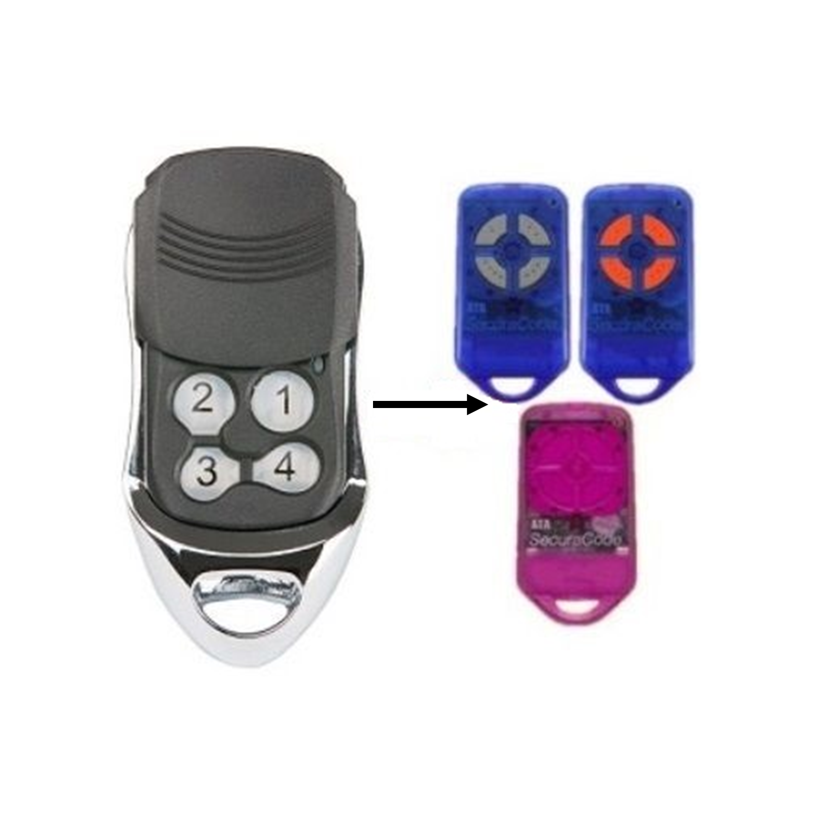 Four-button garage door remote with compatible ATA garage door opener remotes, compatible garage door remotes Australia, SAMT Prestons, New South Wales.