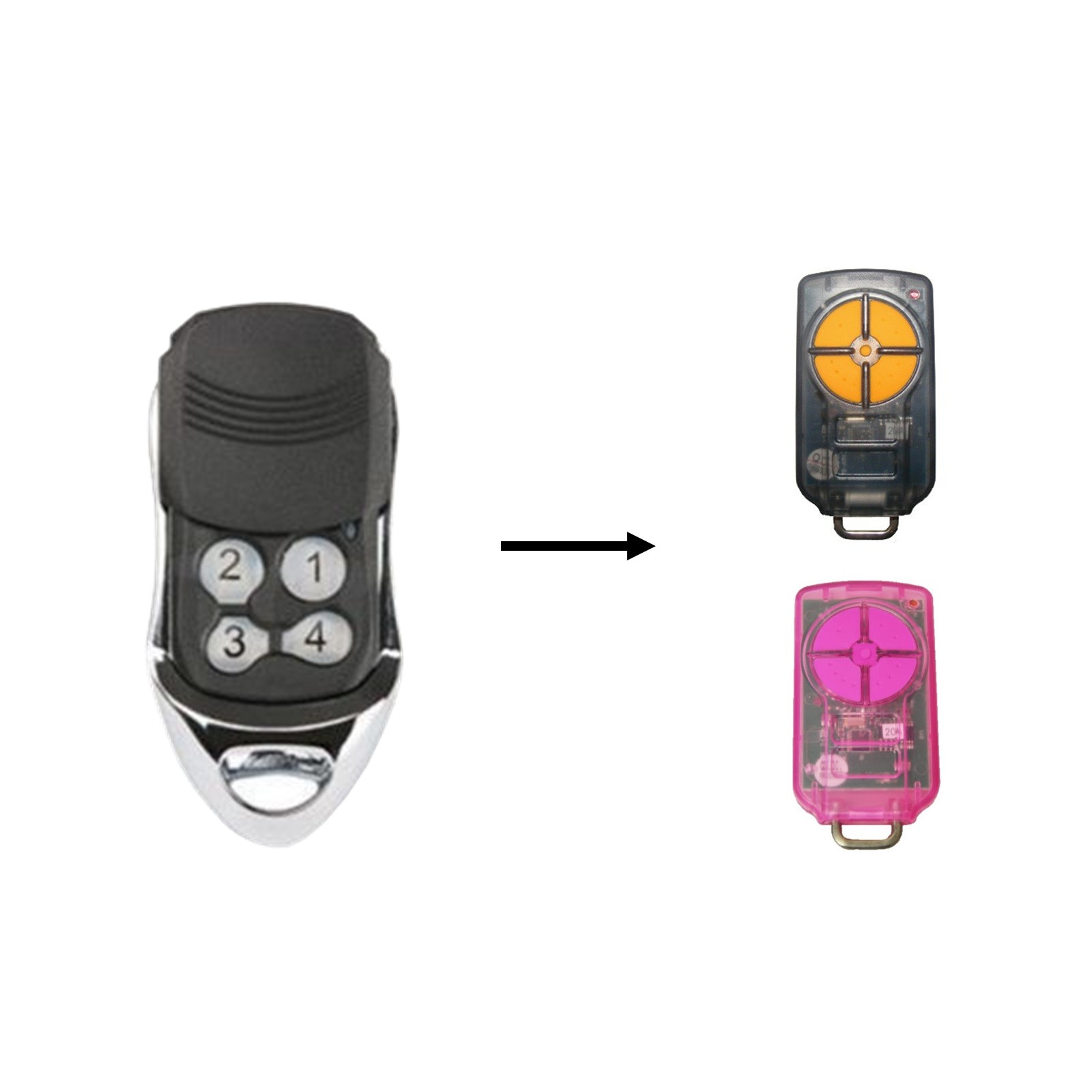 Four-button remote for automatic doors with compatible roller garage door remotes by SAMT Garage & Gate Automation, Australia.