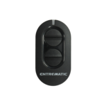 Entrematic two-button black remote control, front view, in Prestons, New South Wales, Australia.