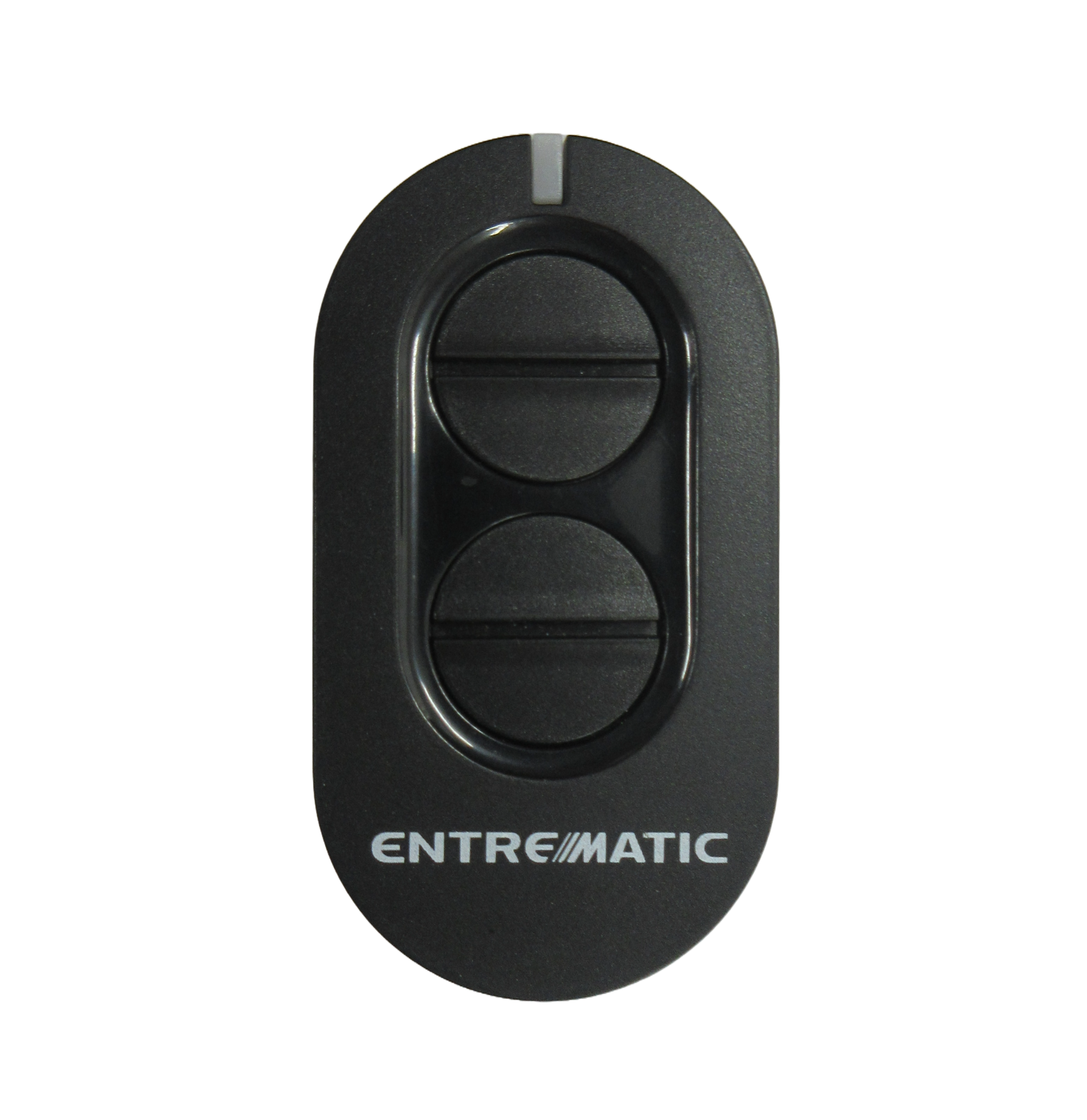 Entrematic two-button black remote control, front view, in Prestons, New South Wales, Australia.