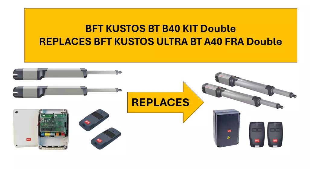 BFT Kustos BT B40 double swing gate motor kit replaces the Ultra BT A40 FRA, by SAMT Garage & Gate Automation, Prestons, New South Wales, Australia.