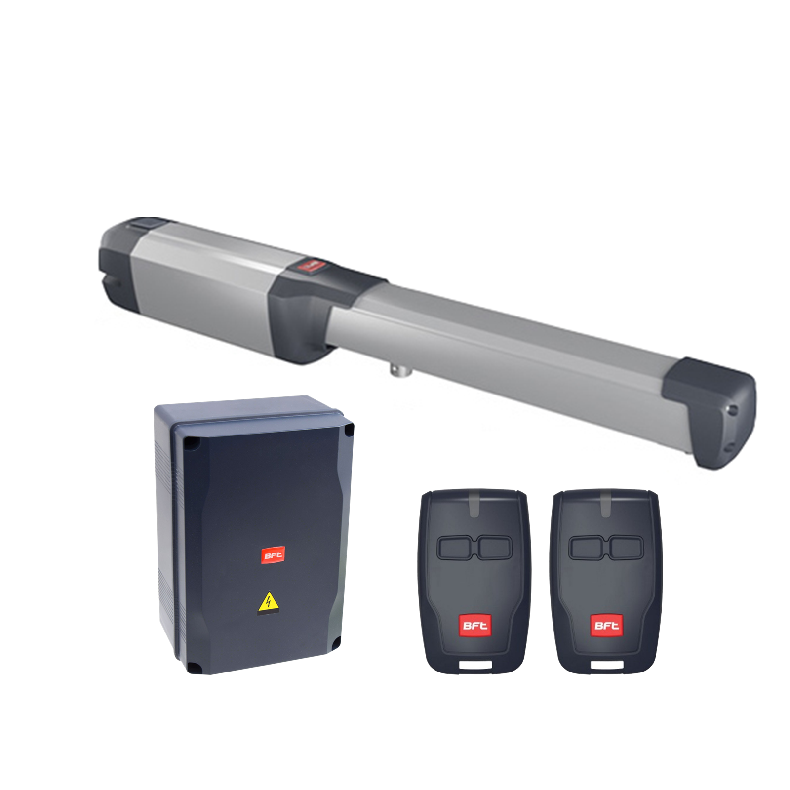 BFT single motorized swing gate opener kit with remote controls by SAMT Garage & Gate Automation, Prestons, New South Wales, Australia.