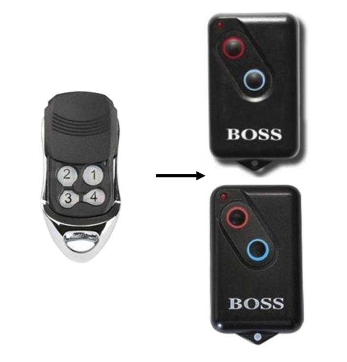 Four-button remote control shown with compatible Boss garage door remotes, garage door remote control by SAMT Garage & Gate Automation, Australia.