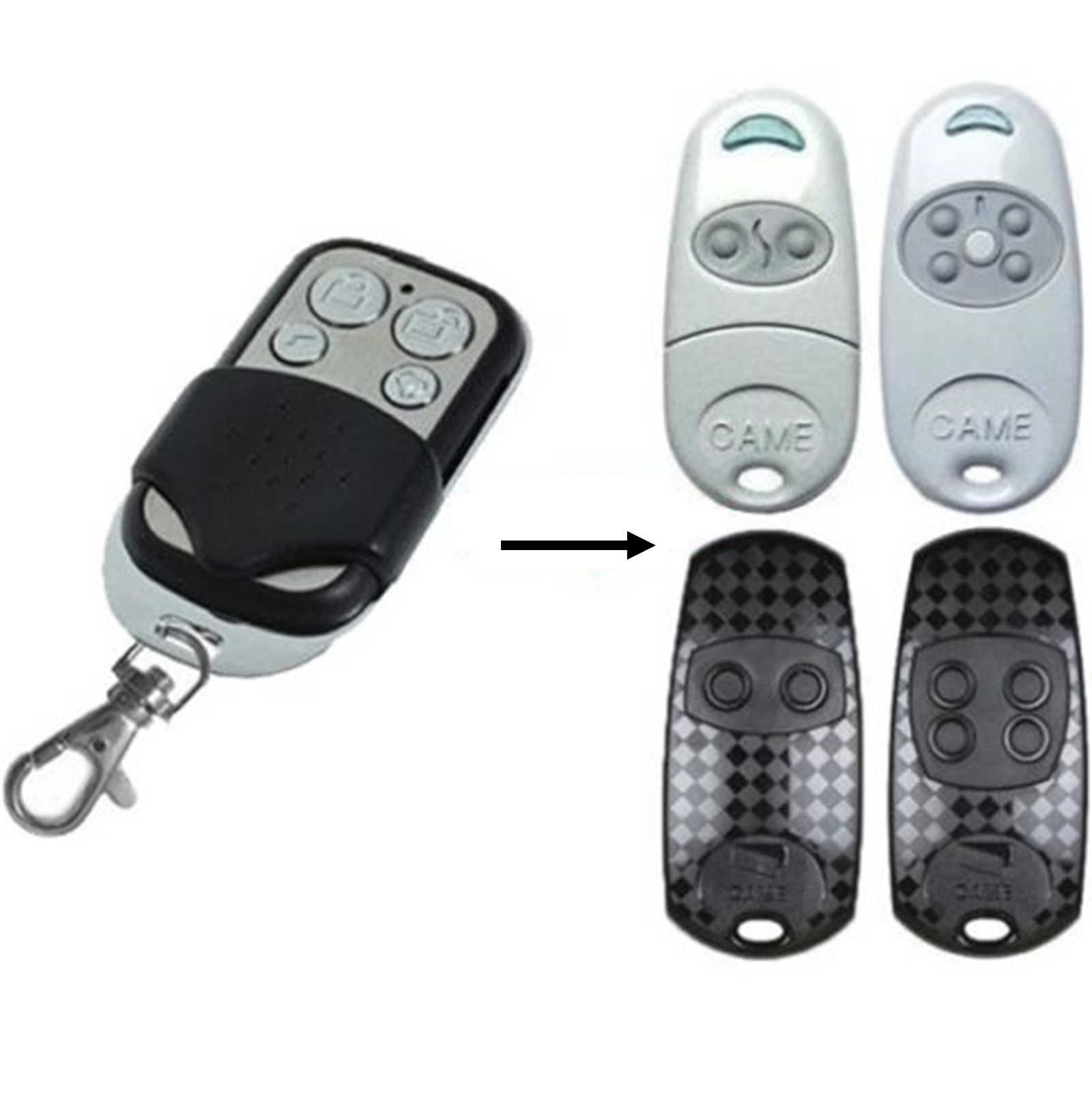 Black universal garage door remote with compatible CAME remotes, compatible garage door remotes Australia by SAMT, Prestons, New South Wales.