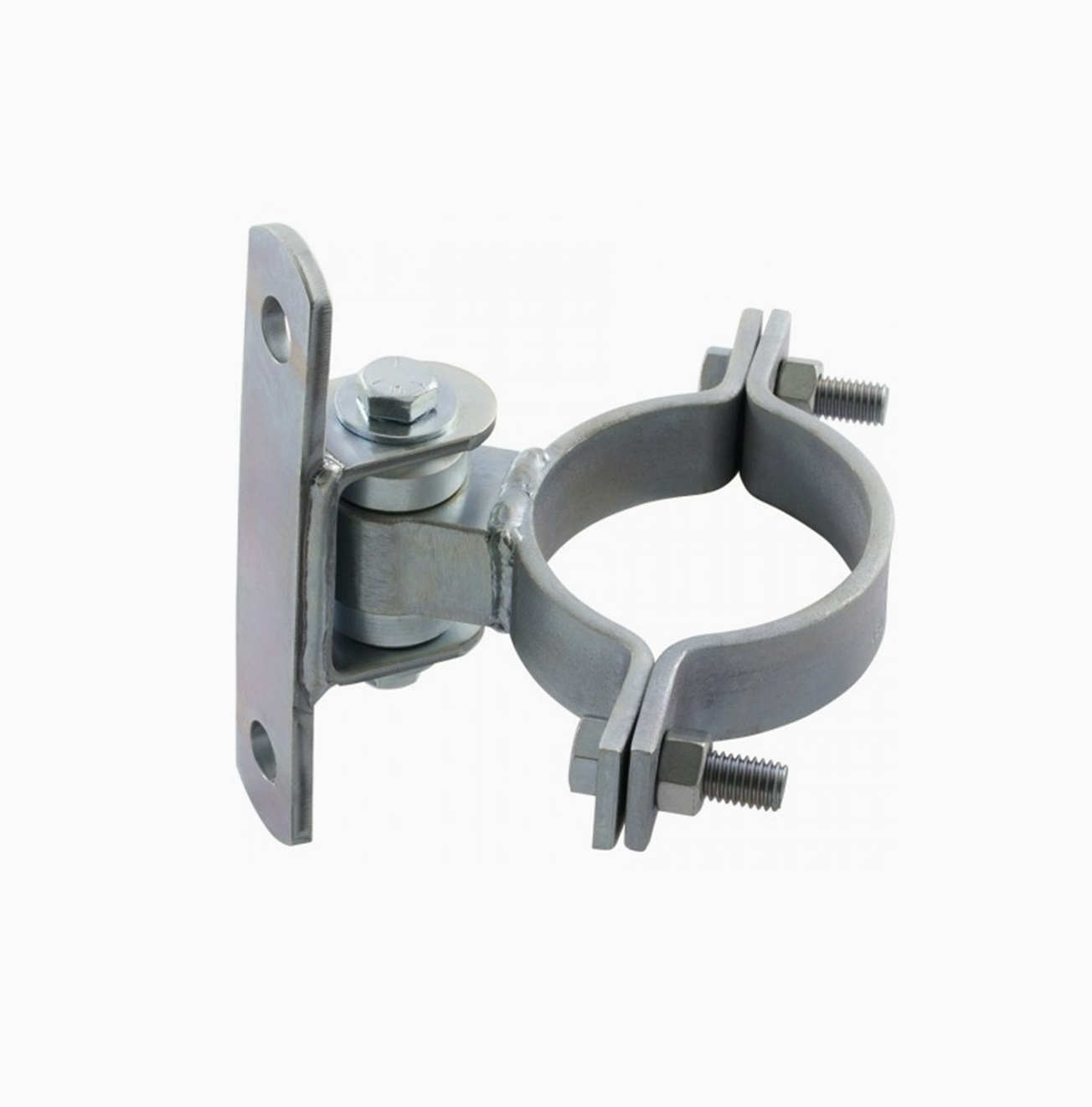 Adjustable round post swing gate hinge with mounting plate, automatic gate motor hardware by SAMT, Prestons, New South Wales, Australia.