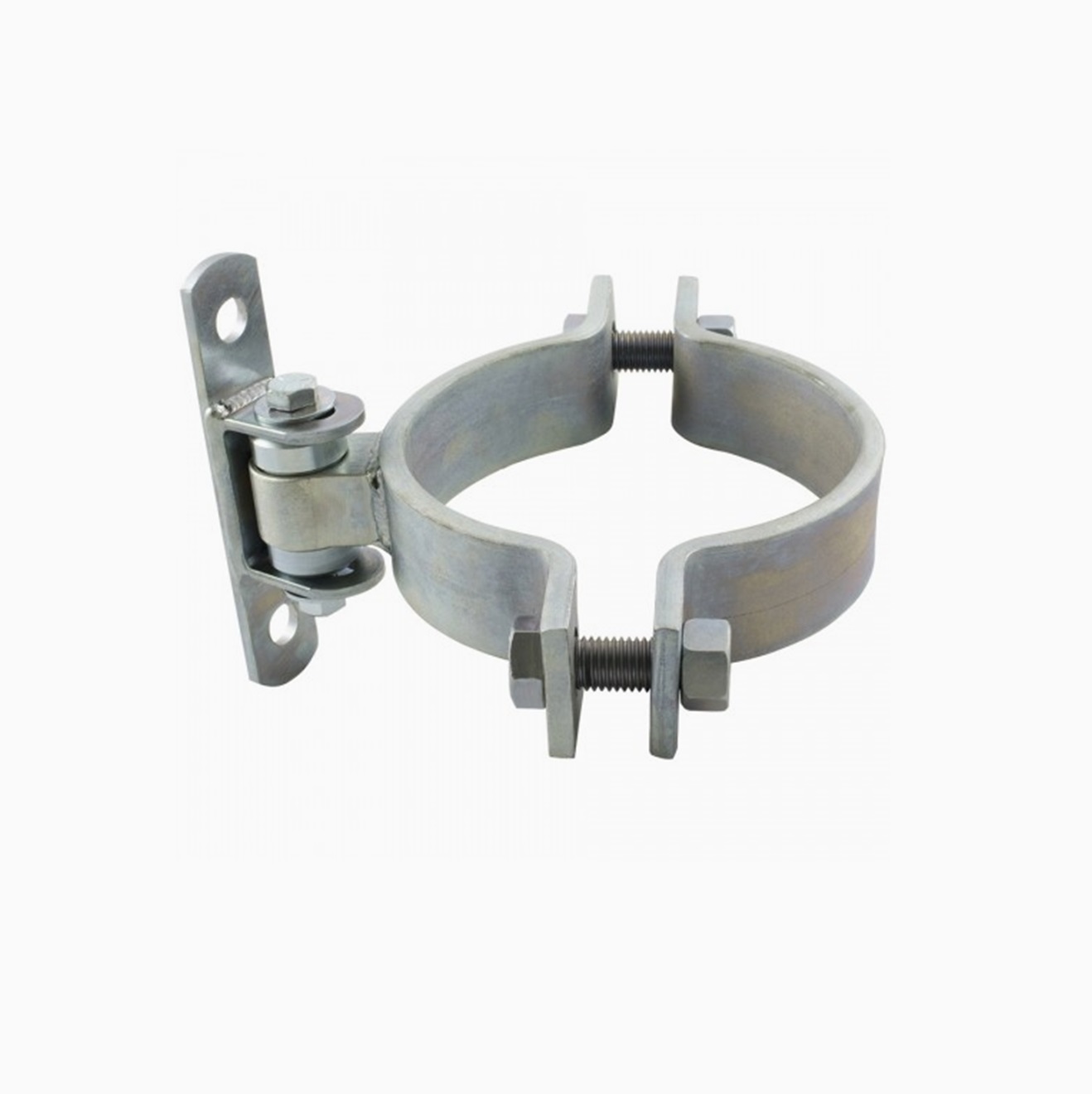 Adjustable round post swing gate hinge with mounting plate, automatic gate motor hardware by SAMT, Prestons, New South Wales, Australia.