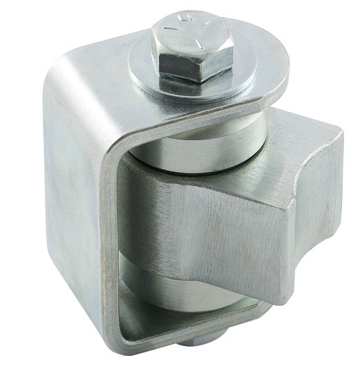 Zinc-coated sliding gate roller component for automatic gate opener installation, available from SAMT in Australia.