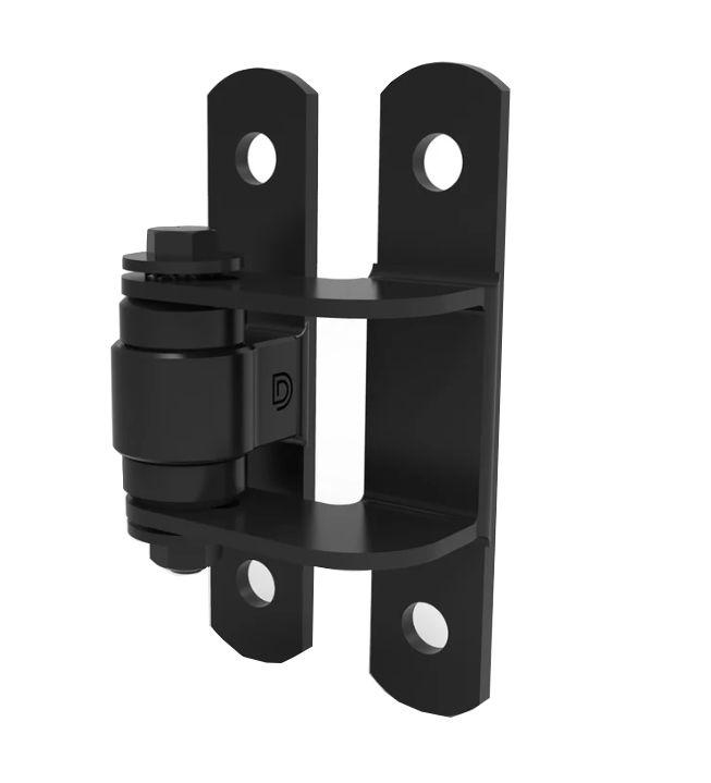 Heavy duty black hinge for motorized swing gate installation by SAMT Garage & Gate Automation in New South Wales, Australia.