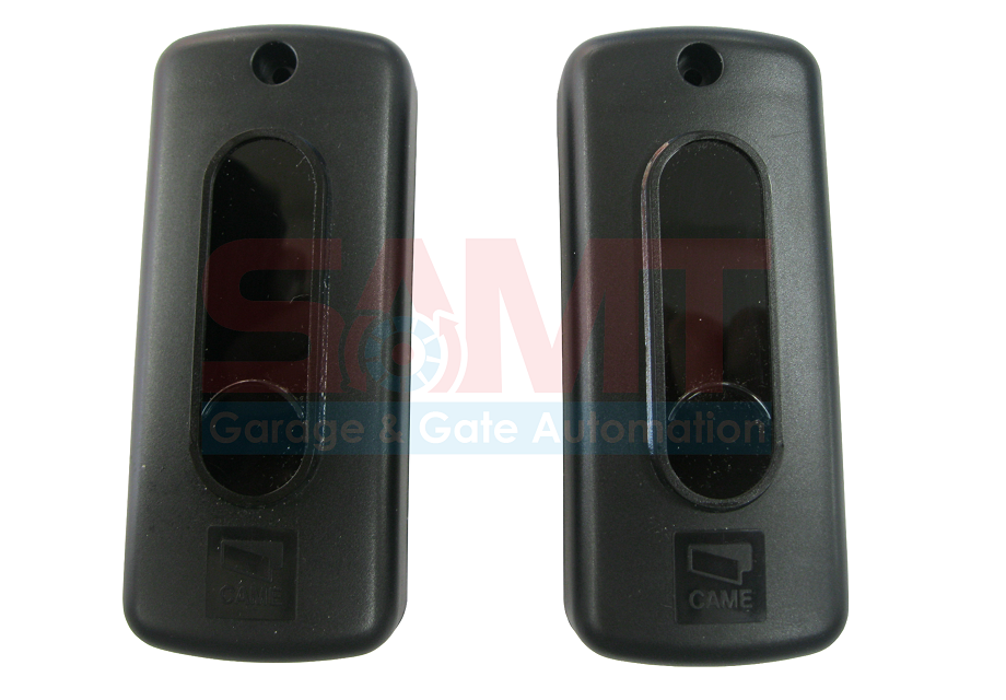 Pair of CAME infrared safety sensors for automatic garage door and gate systems, available from SAMT in Australia.