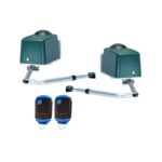 Double-arm swing gate motor kit with two remotes, shown with accessories, in Prestons, New South Wales, Australia.