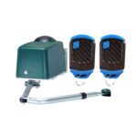 Single-arm swing gate motor kit with two remotes, isolated product, in Prestons, New South Wales, Australia.