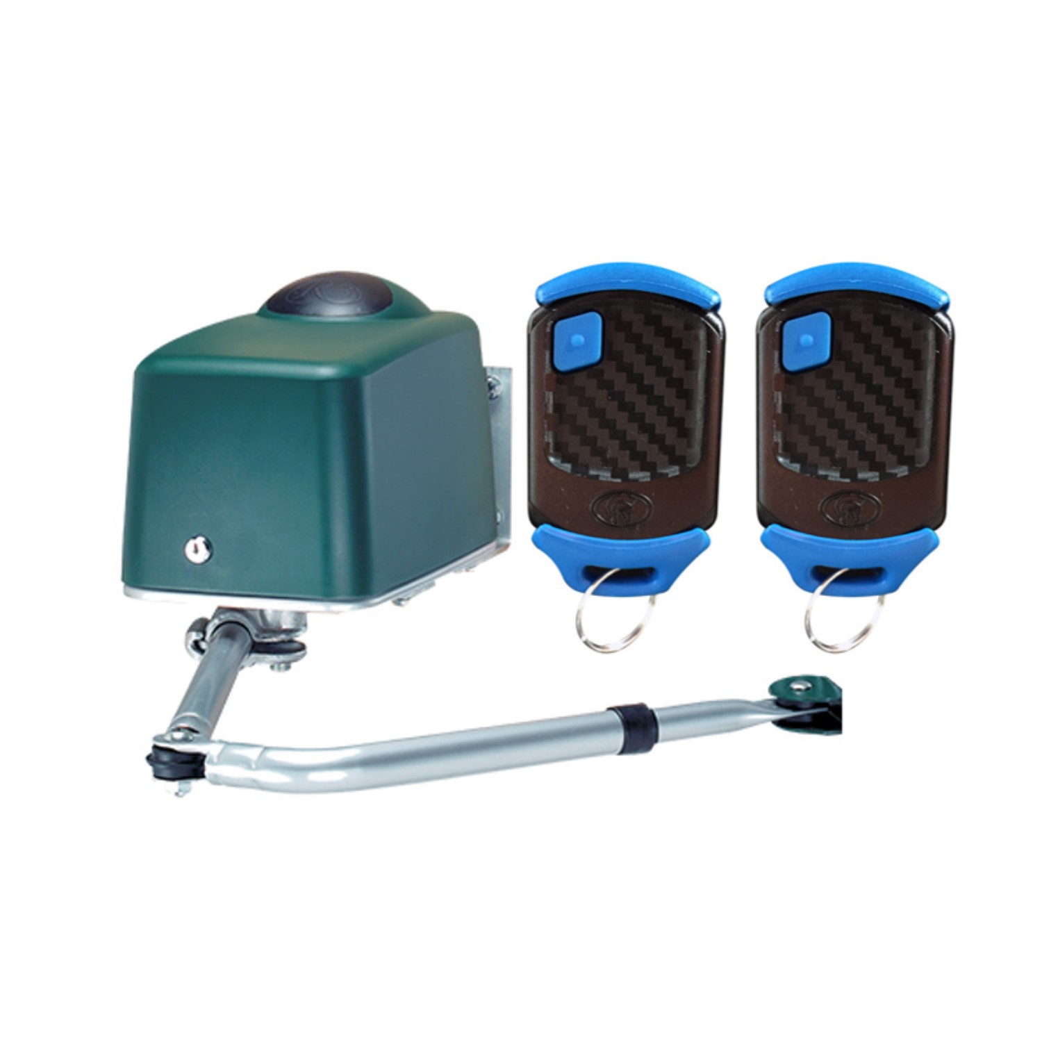 Single-arm swing gate motor kit with two remotes, isolated product, in Prestons, New South Wales, Australia.