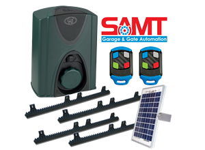 Solar-powered CentSys sliding gate motor kit with remotes from SAMT Garage & Gate Automation, Prestons, New South Wales, Australia.