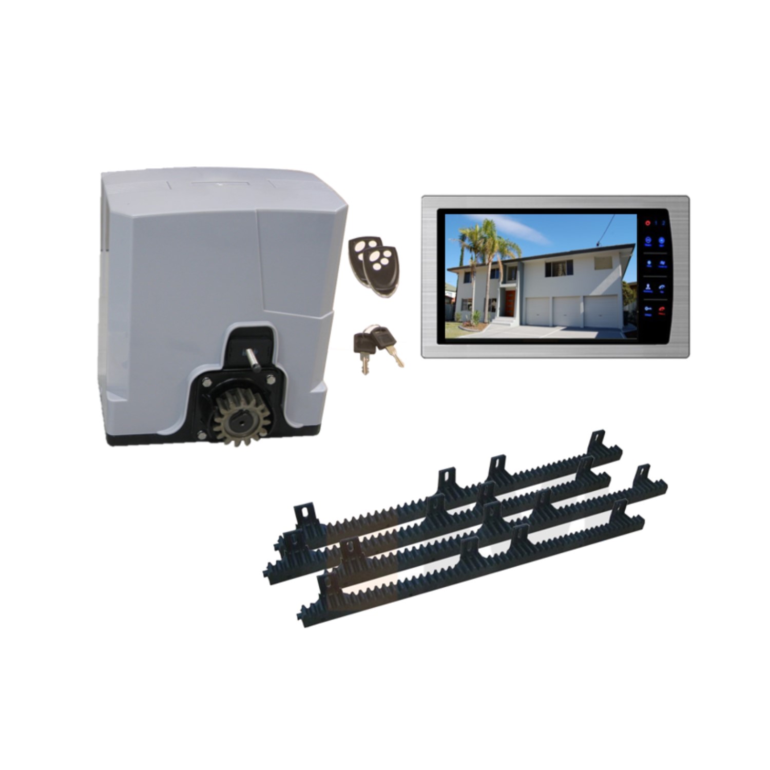 Automatic sliding gate opener kit with control box, remote control, keys, gear racks, and video intercom system in Prestons, New South Wales, Australia"