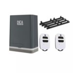 DEA sliding gate motor kit with remotes and rack gears, on white, in Prestons, New South Wales, Australia.
