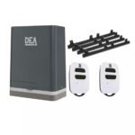 DEA sliding gate motor kit with remotes and rack gears, isolated on white, in Prestons, New South Wales, Australia.