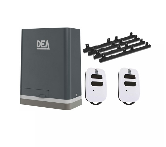 DEA sliding gate motor kit with remotes and rack gears, isolated on white, in Prestons, New South Wales, Australia.