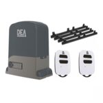DEA sliding gate motor kit with remotes and rack gears, on white, in Prestons, New South Wales, Australia.