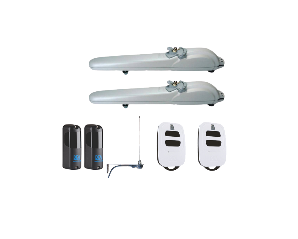 Pair of DEA automatic swing gate motors with sensors, antenna, and remote controls by SAMT Garage & Gate Automation, Prestons, New South Wales, Australia.