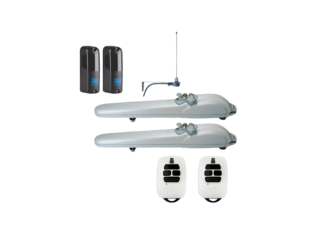 Pair of DEA automatic swing gate motors with sensors, antenna, and remote controls by SAMT Garage & Gate Automation, Prestons, New South Wales, Australia.