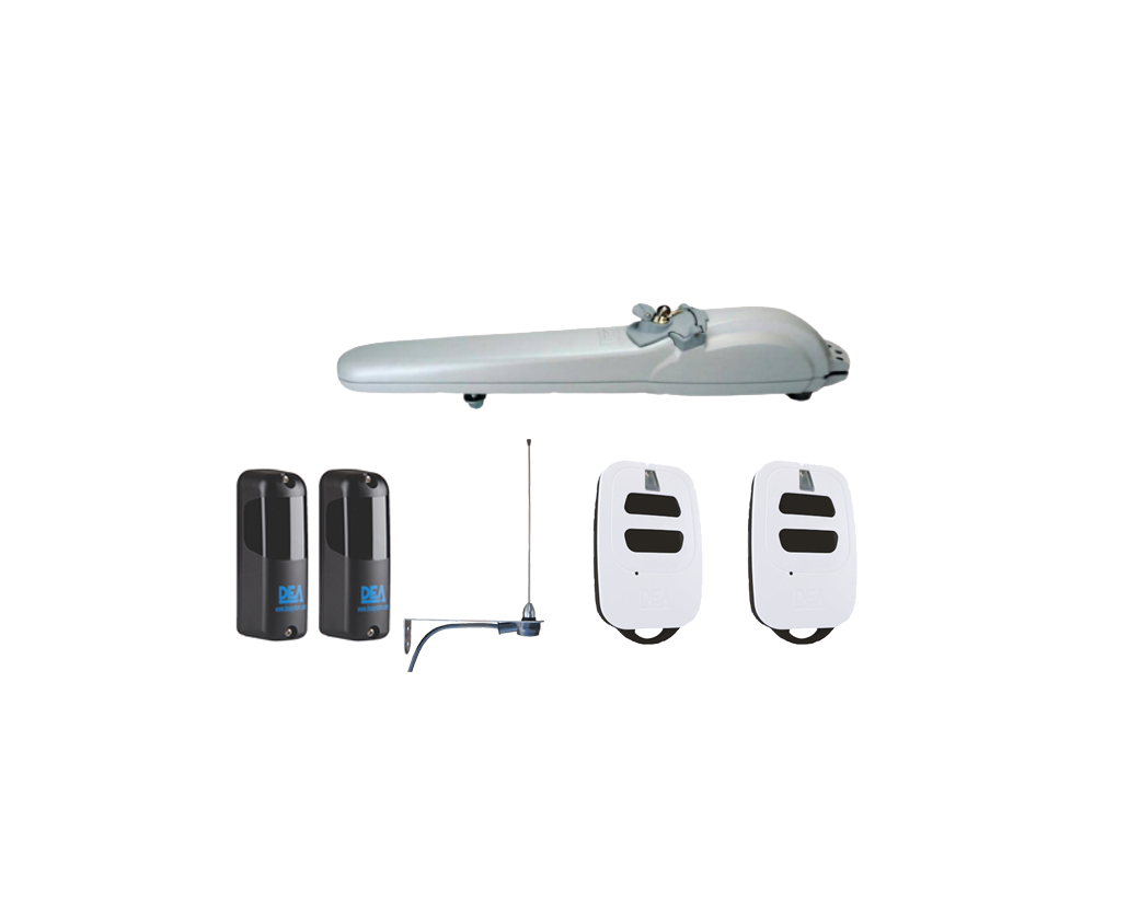 Pair of DEA automatic swing gate motors with sensors, antenna, and remote controls by SAMT Garage & Gate Automation, Prestons, New South Wales, Australia.