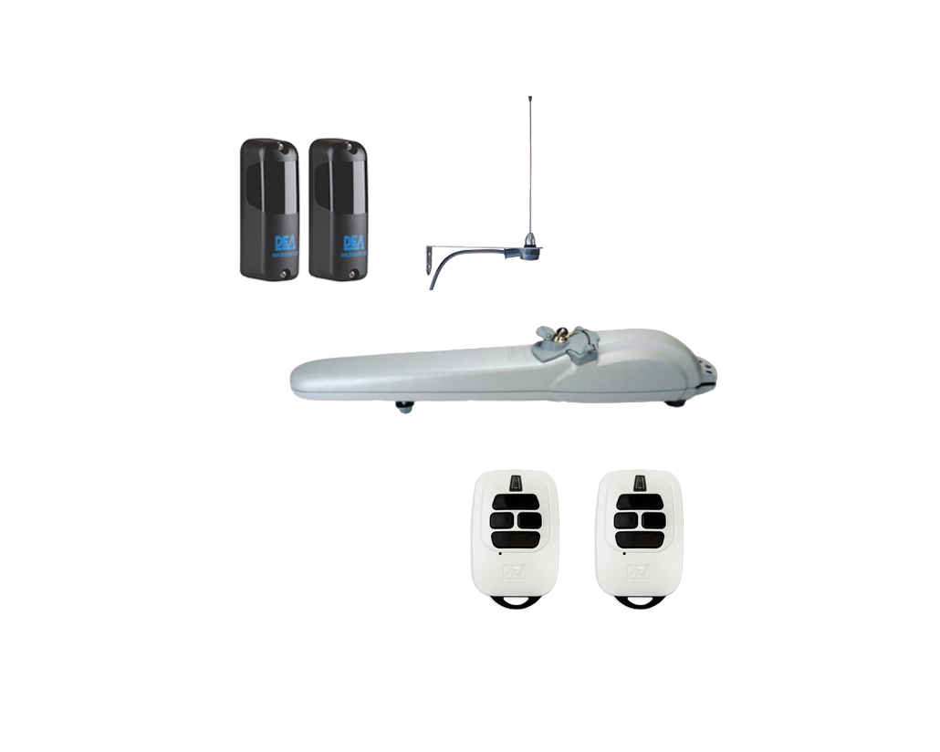 Pair of DEA automatic swing gate motors with sensors, antenna, and remote controls by SAMT Garage & Gate Automation, Prestons, New South Wales, Australia.