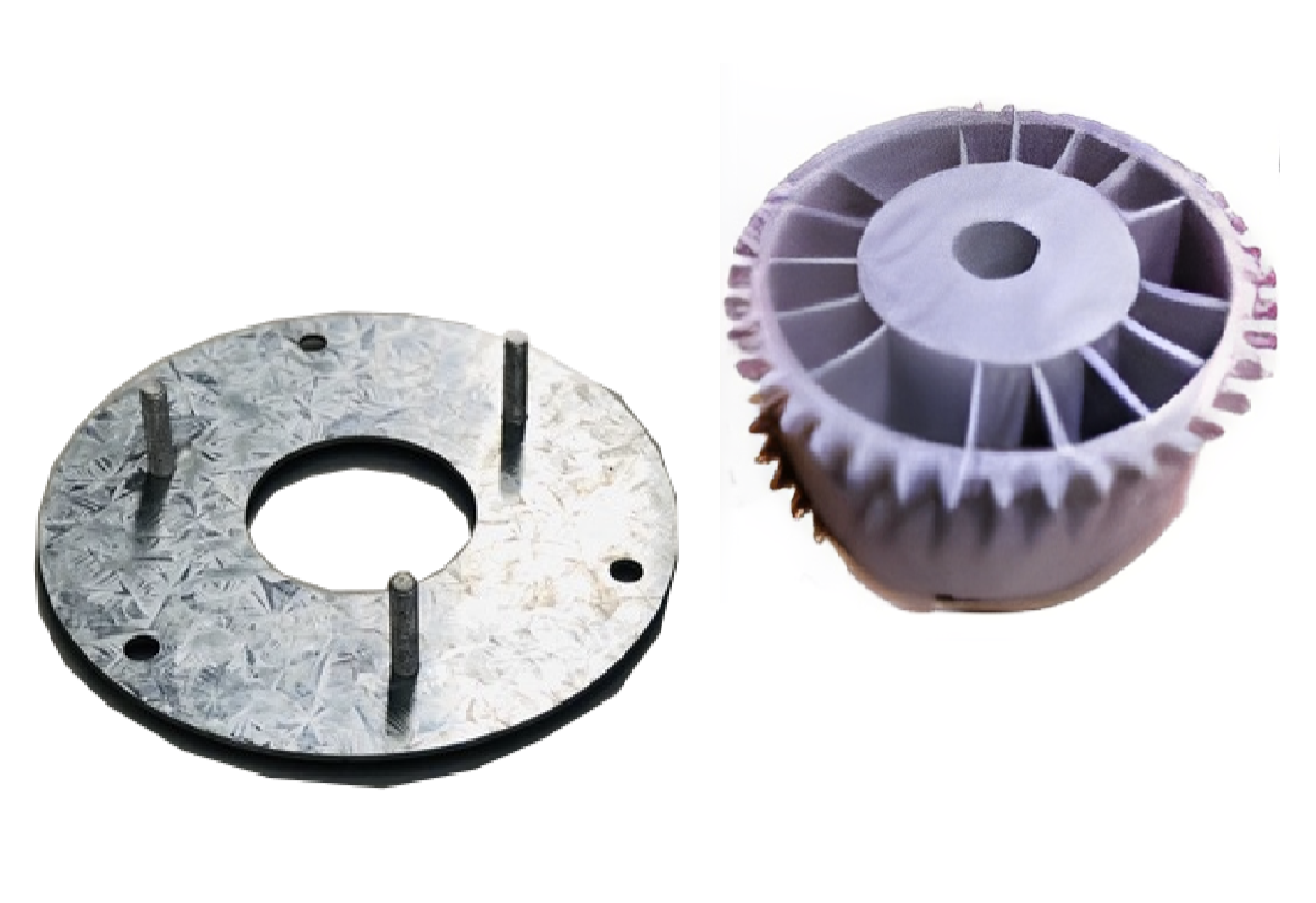 Roller garage door drum wheel and galvanized fixing plate set, suitable for automatic garage doors by SAMT Garage & Gate Automation, Prestons, New South Wales, Australia.