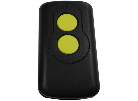 Two-button black garage door remote control with yellow buttons sold by SAMT Garage & Gate Automation, Prestons, New South Wales, Australia.