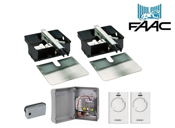 FAAC twin underground swing gate motor kit with control box, supplied by SAMT Garage & Gate Automation, New South Wales.