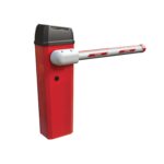 Red and white automatic boom gate barrier, product photo, in Prestons, New South Wales, Australia.