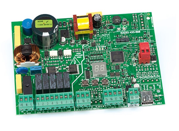 Electronic control board for swing gate or automatic garage door opener, supplied by SAMT Garage & Gate Automation, Australia.