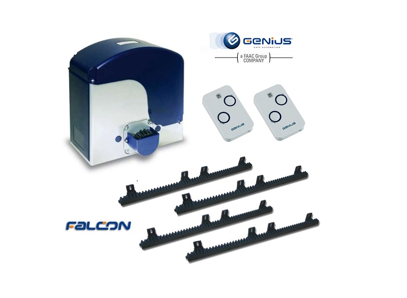 GENIUS Falcon sliding gate motor kit with rack and two remote controls for automatic gate motor installation in Prestons, New South Wales, Australia.