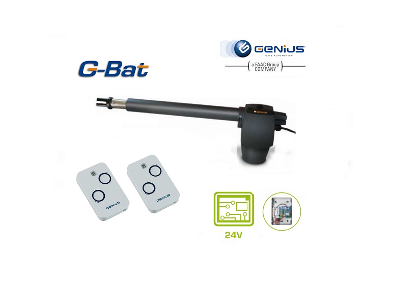 GENIUS G-Bat swing gate motor kit with two remote controls and 24V automation, perfect for automatic gate installer use in Prestons, New South Wales, Australia.