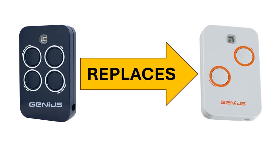 GENIUS garage remote replacement comparison, black and white remotes, in Prestons, New South Wales, Australia.