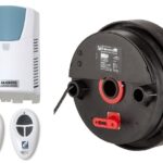 Gliderol Roller Garage Door Opener Kit – Alternate Layout Another layout of the Gliderol roller garage door opener kit, displaying the controller, drum motor, remote controls, and branding, highlighting the components included for automated roller door solutions By SAMT Garage & Gate Automation in Prestons, New South Wales, Australia.