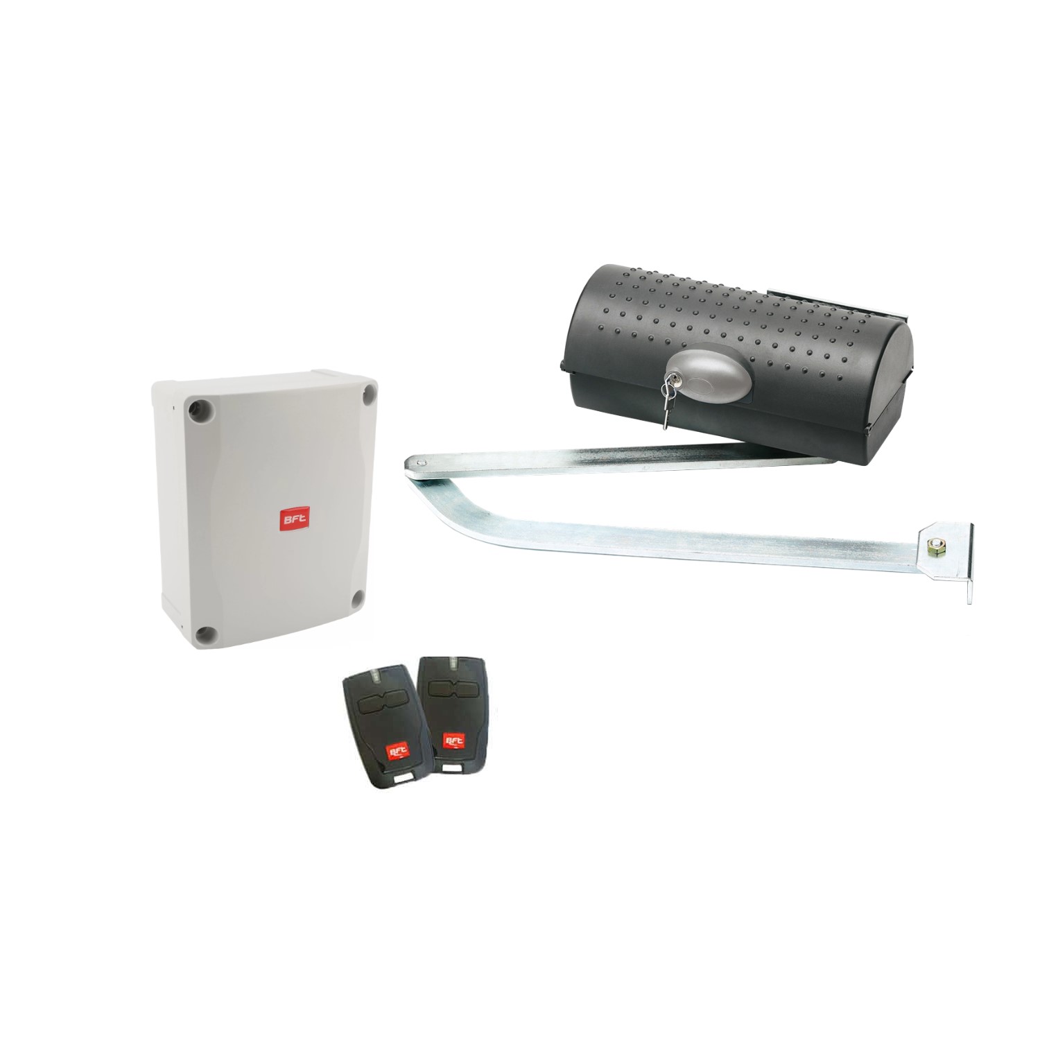 BFT brand articulated arm swing gate opener kit with control box and two remote controls in Prestons, New South Wales, Australia"