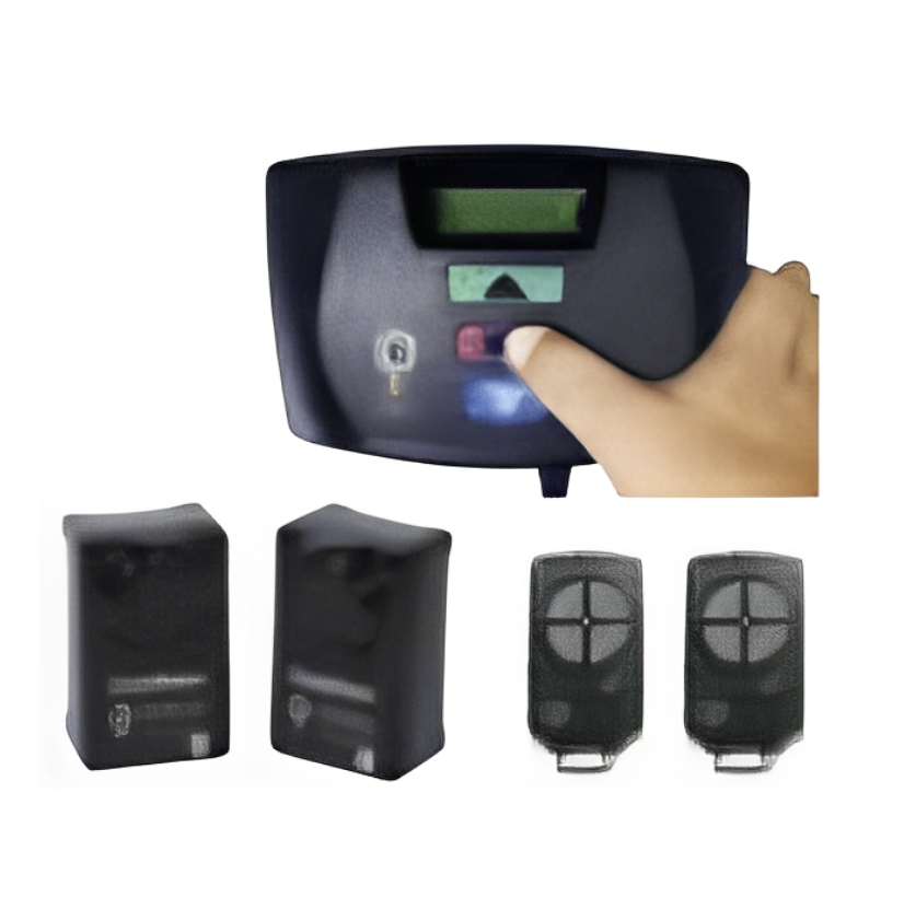 Automatic gate opener control panel kit with safety sensors and remote controls from SAMT Garage & Gate Automation, Prestons, New South Wales, Australia.