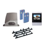 Life brand automatic sliding gate motor kit with two blue remote controls, video intercom, and gear racks in Prestons, New South Wales, Australia"