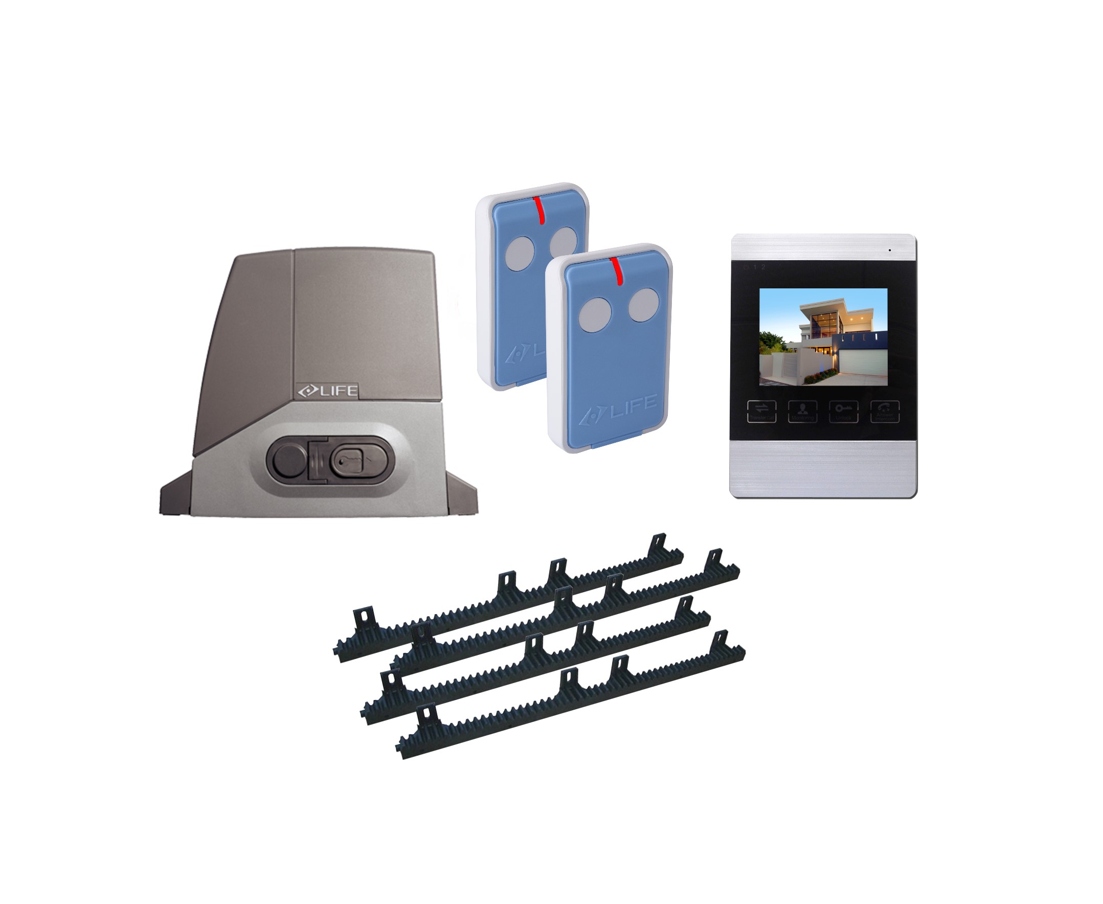 Life brand automatic sliding gate motor kit with two blue remote controls, video intercom, and gear racks in Prestons, New South Wales, Australia"