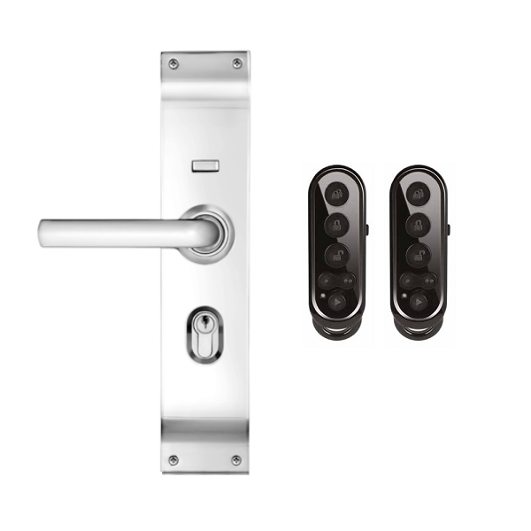 Stainless steel handle lock set with two black garage door remote controls for smart home security in Australia from SAMT Garage & Gate Automation.