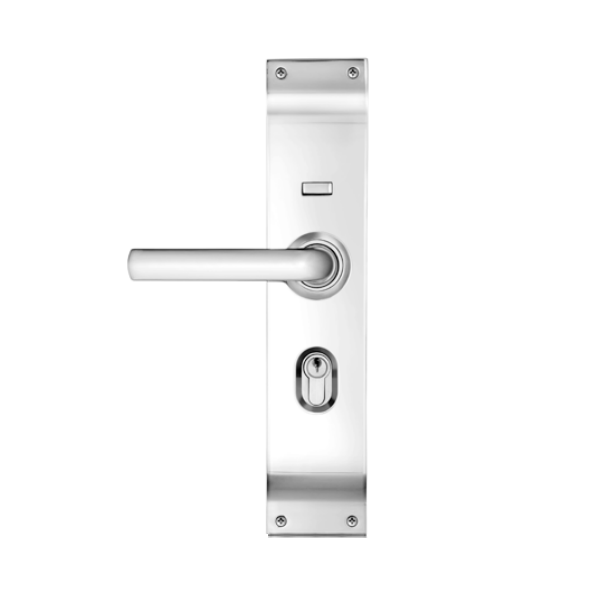 Modern stainless steel door handle and lock set, suitable for garage doors in Australia from SAMT Garage & Gate Automation.