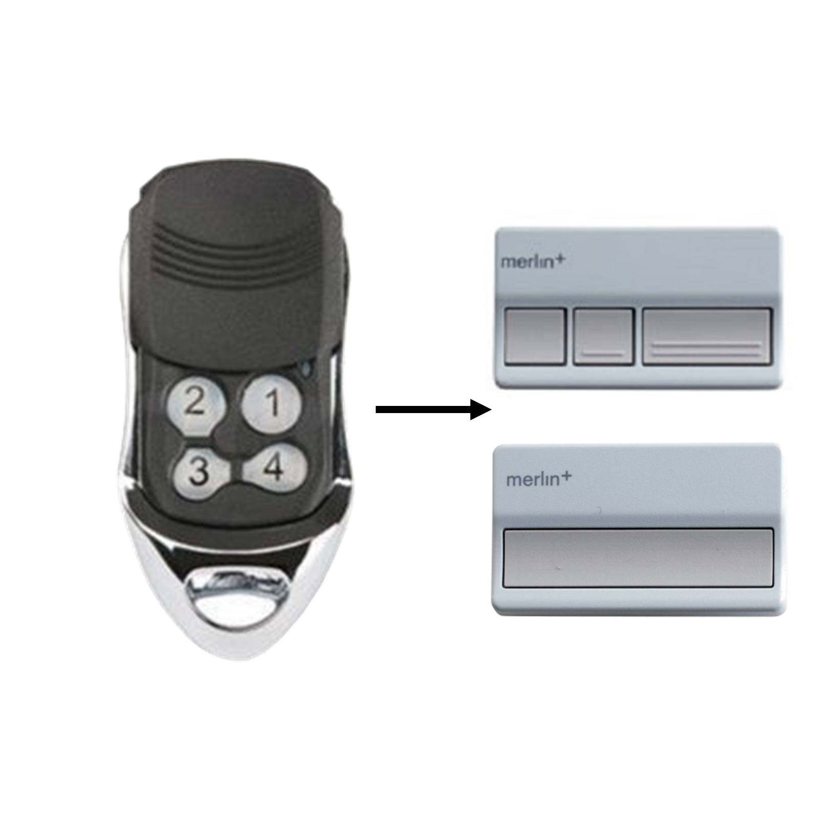 Universal remote control compatible with Merlin garage door openers, garage door remote control by SAMT, Prestons, New South Wales, Australia.