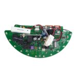 Curved electronic gate control circuit board, top view, on white, in Prestons, New South Wales, Australia.